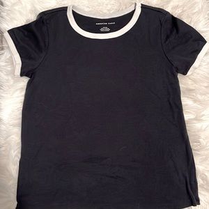 White and blue slightly cropped t shirt